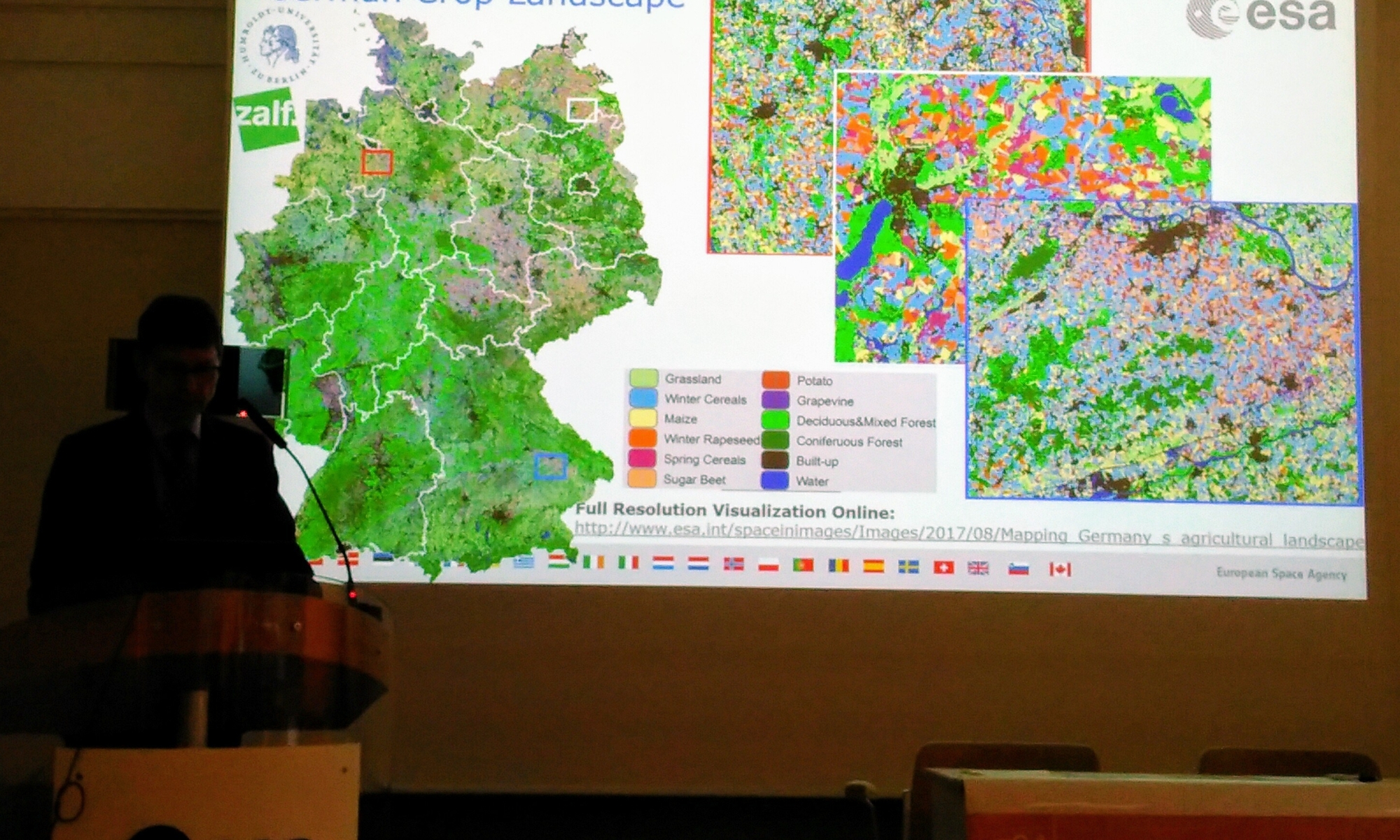 Espen Volden (ESA) demonstrates detailed crop maps over Germany created by merging Landsat and Sentinel-2 data.